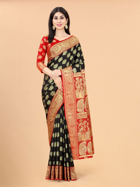 

INDIAN BEAUTIFUL Women Black & Red Woven Design Zari Banarasi Saree