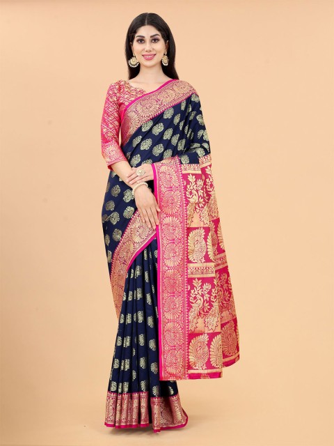 

INDIAN BEAUTIFUL Navy Blue & Gold-Toned Woven Design Zari Banarasi Saree