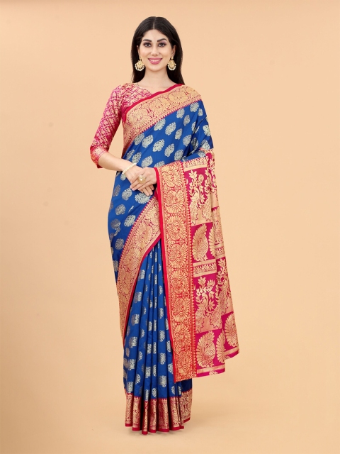 

INDIAN BEAUTIFUL Blue & Red Woven Design Zari Banarasi Saree