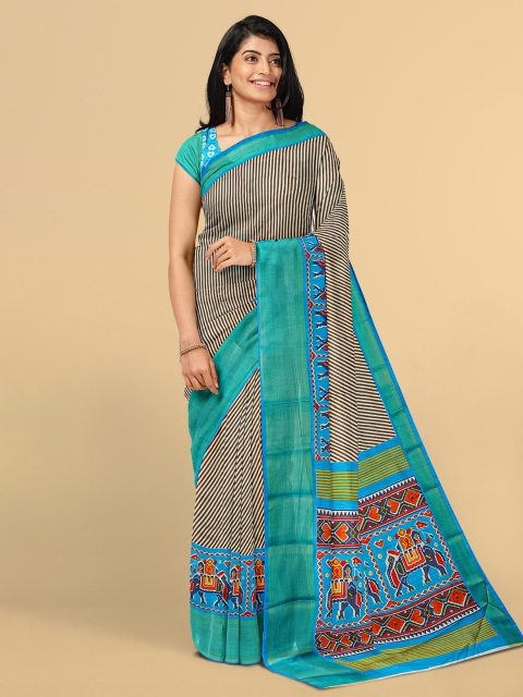 

Kalamandir Brown & Blue Ethnic Motifs Linen Blend Saree