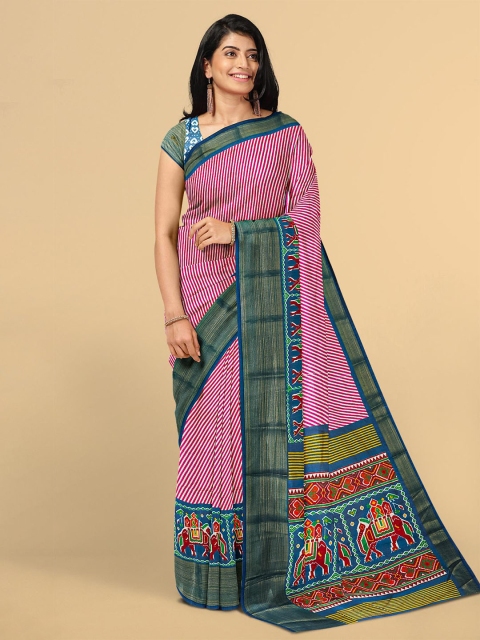 

Kalamandir Pink & Blue Ethnic Motifs Linen Blend Saree