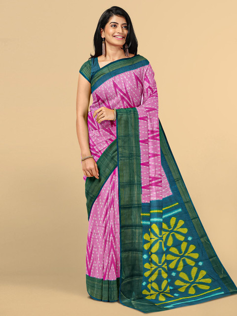 

Kalamandir Pink & Green Zig Zag Print Zari Linen Blend Saree