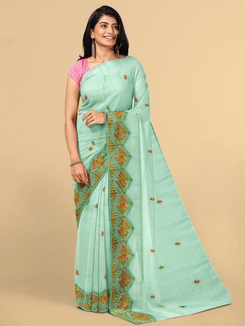 

Kalamandir Blue & Gold-Toned Floral Embroidered Silk Blend Saree, Turquoise blue
