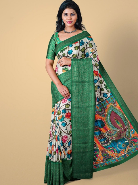 

Kalamandir Off White & Green Kalamkari Zari Silk Blend Saree
