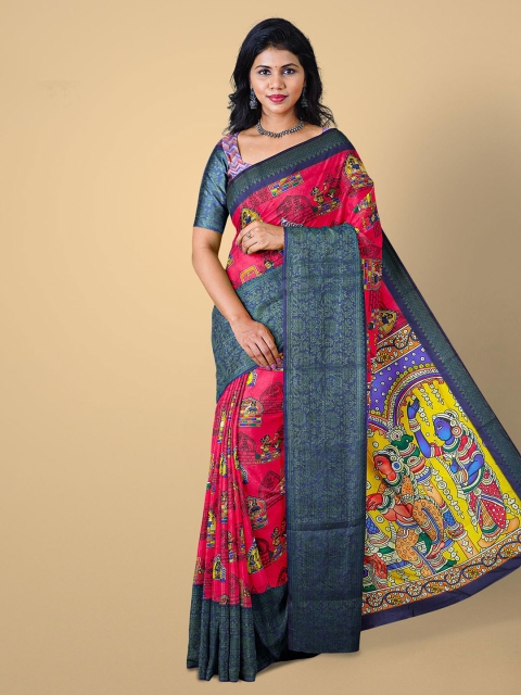 

Kalamandir Red & Blue Ethnic Motifs Silk Blend Saree