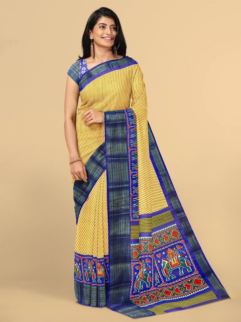 

Kalamandir Women Yellow & Blue Leheriya Zari Linen Blend Saree