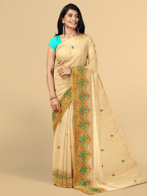 

Kalamandir Orange & Gold-Toned Floral Embroidered Silk Blend Saree