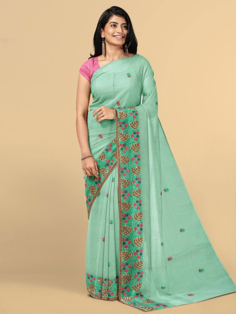 

Kalamandir Blue & Pink Floral Embroidered Silk Blend Saree, Green