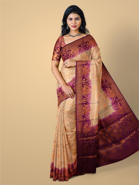 

Kalamandir Cream-Coloured & Gold-Toned Floral Zari Silk Blend Saree