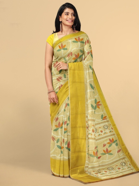 

Kalamandir Cream-Coloured & Green Floral Jute Silk Saree