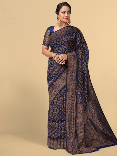 

Kalamandir Navy Blue & Gold-Toned Floral Zari Silk Blend Saree