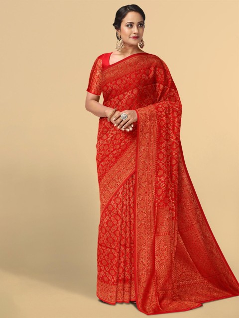 

Kalamandir Red & Gold-Toned Floral Zari Silk Blend Saree