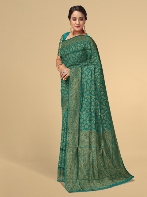 

Kalamandir Teal & Gold-Toned Floral Zari Silk Blend Heavy Work Saree