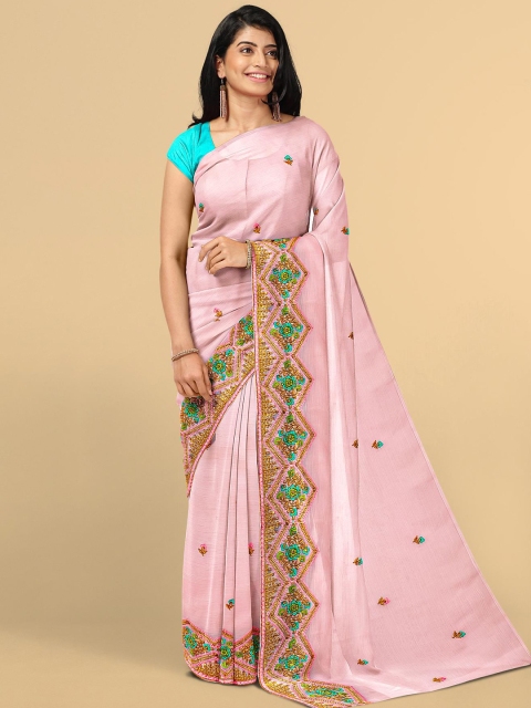 

Kalamandir Pink & Green Floral Embroidered Silk Blend Saree
