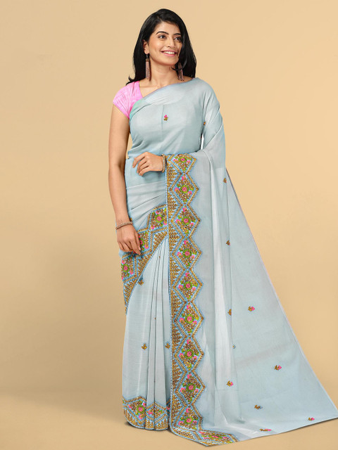 

Kalamandir Grey & Pink Floral Embroidered Silk Blend Saree