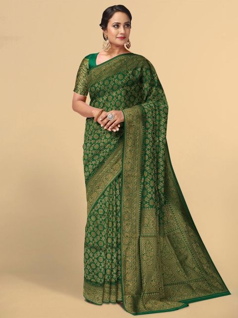 

Kalamandir Green & Gold-Toned Floral Zari Silk Blend Saree