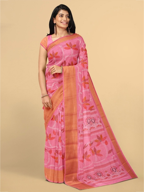 

Kalamandir Pink & Gold-Toned Floral Zari Jute Silk Saree