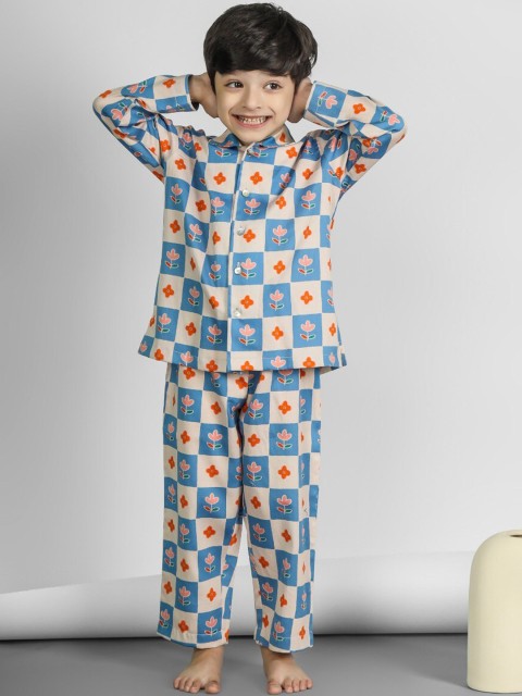 

THE PINK ELEPHANT Unisex Kids Blue & Orange Printed Night suit