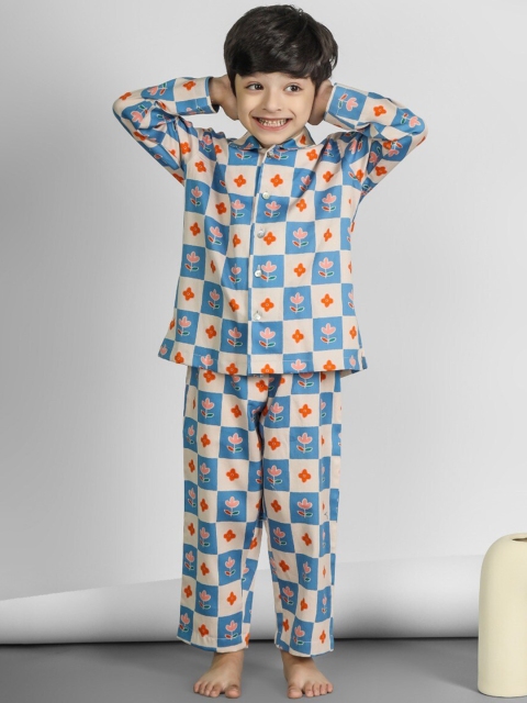 

THE PINK ELEPHANT Unisex Kids Blue & Orange Printed Night suit