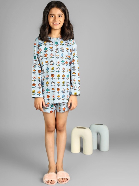 

THE PINK ELEPHANT Unisex Kids Blue & Mustard Printed Night suit
