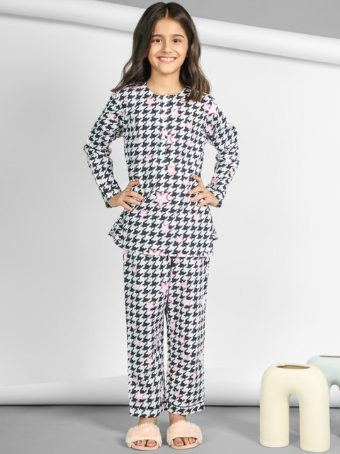 

THE PINK ELEPHANT Unisex Kids Black & White Printed Night suit