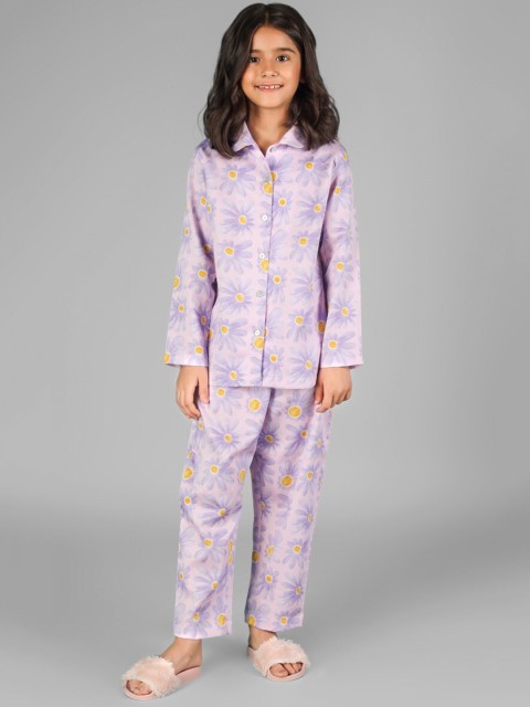 

THE PINK ELEPHANT Unisex Kids Purple & Mustard Printed Night suit