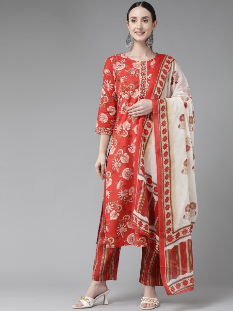 

Yufta Women Red Ethnic Motifs Printed Gotta Patti Pure Cotton Kurta with Trousers & With Dupatta