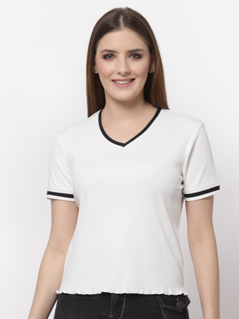 

ASEELO Women Off White V-Neck T-shirt