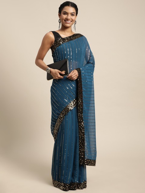 

Mitera Turquoise Blue & Gold-Toned Embellished Sequinned Pure Georgette Saree