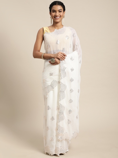 

Mitera Cream-Coloured Embellished Sequinned Pure Georgette Ready to Wear Saree