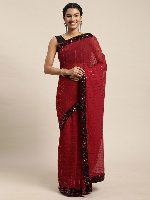 

Mitera Maroon & Black Embellished Sequinned Pure Georgette Ready to Wear Saree