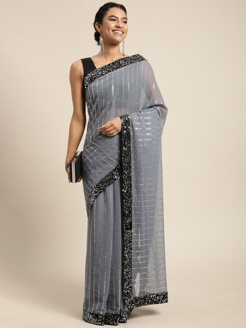 

Mitera Grey & Black Embellished Sequinned Pure Georgette Ready to Wear Saree