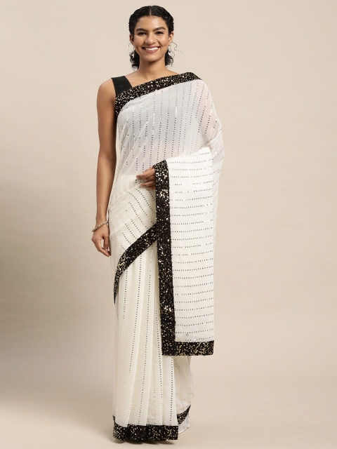 

Mitera White & Black Embellished Sequinned Pure Georgette Ready to Wear Saree