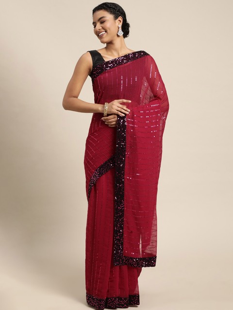 

Mitera Purple & Red Embellished Sequinned Pure Georgette Saree