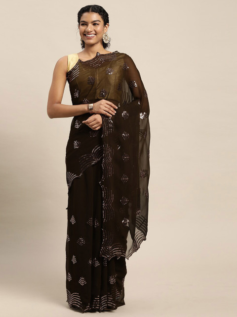 

Mitera Brown Embellished Sequinned Pure Georgette Saree