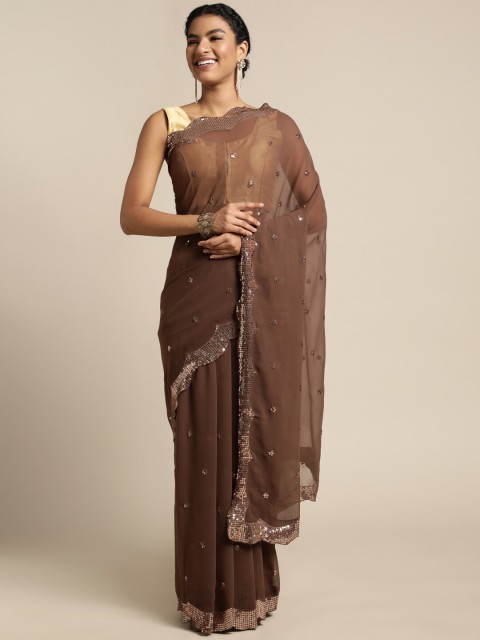 

Mitera Brown Embellished Sequinned Pure Georgette Ready to Wear Saree