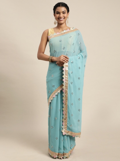 

Mitera Turquoise Blue Embellished Sequinned Pure Georgette Ready to Wear Saree