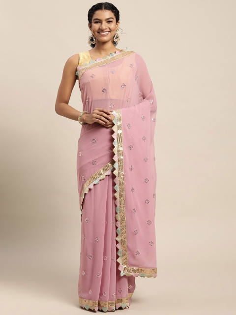 

Mitera Pink & Gold-Toned Embellished Sequinned Pure Georgette Saree