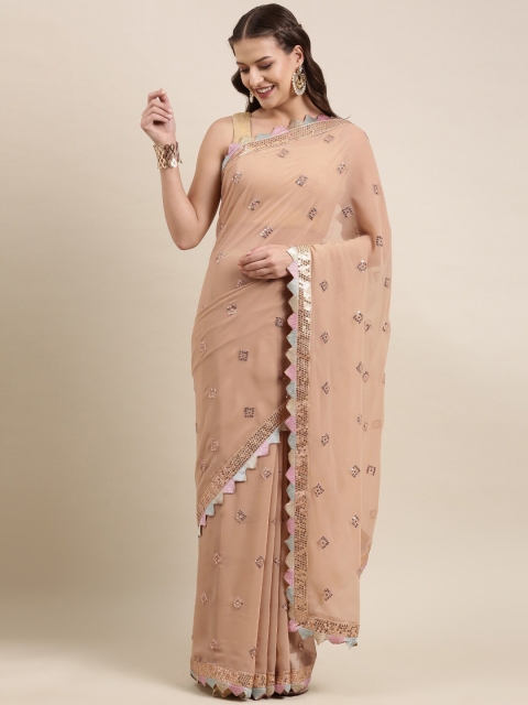 

Mitera Beige & Gold-Toned Embellished Sequinned Pure Georgette Ready to Wear Saree