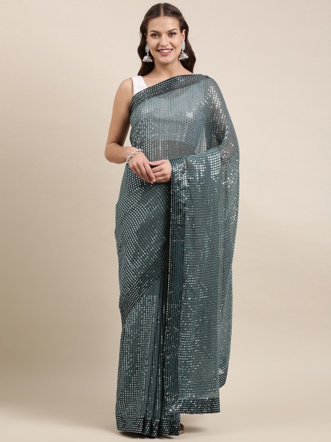 

Mitera Teal & Silver-Toned Embellished Sequinned Pure Georgette Saree