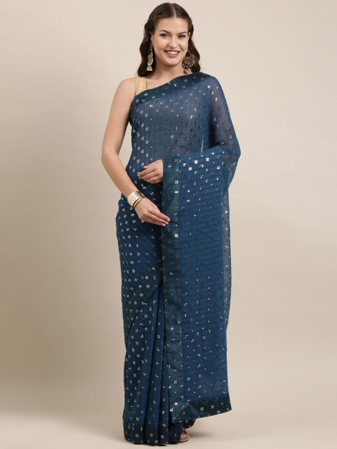 

Mitera Turquoise Blue Embellished Sequinned Pure Georgette Ready to Wear Saree