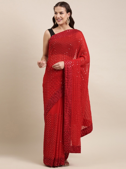 

Mitera Red Embellished Sequinned Pure Georgette Ready to Wear Saree