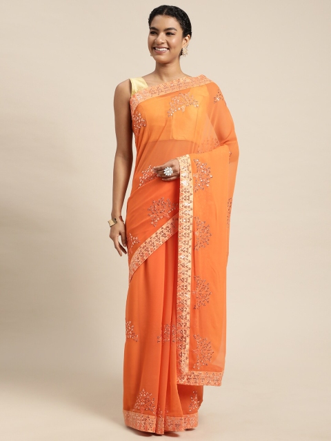 

Mitera Orange & Silver-Toned Embellished Sequinned Pure Georgette Ready to Wear Saree
