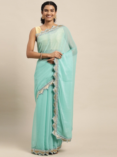 

Mitera Turquoise Blue & Silver-Toned Embellished Sequinned Saree