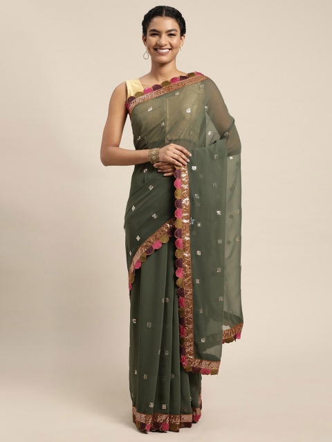 

Mitera Green & Pink Embellished Sequinned Pure Georgette Saree