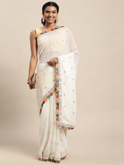 

Mitera White & Green Embellished Sequinned Ready to Wear Saree