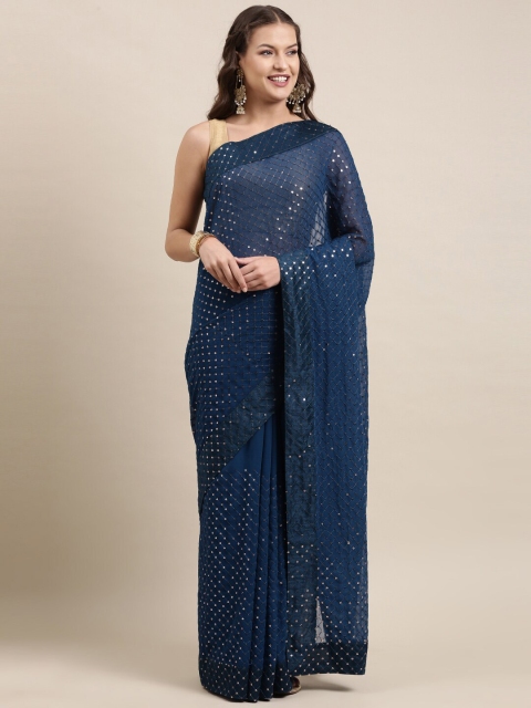 

Mitera Turquoise Blue & Gold-Toned Embellished Sequinned Pure Georgette Ready to Wear Saree