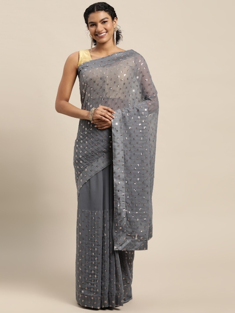 

Mitera Grey & Gold-Toned Embellished Sequinned Pure Georgette Ready to Wear Saree