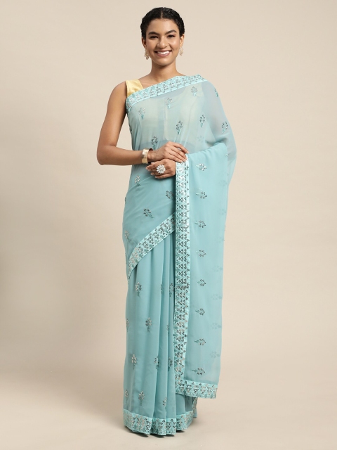

Mitera Teal & Silver-Toned Embellished Sequinned Pure Georgette Saree