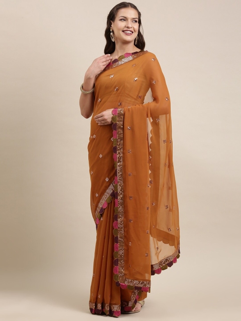 

Mitera Orange & Brown Embellished Sequinned Pure Georgette Saree